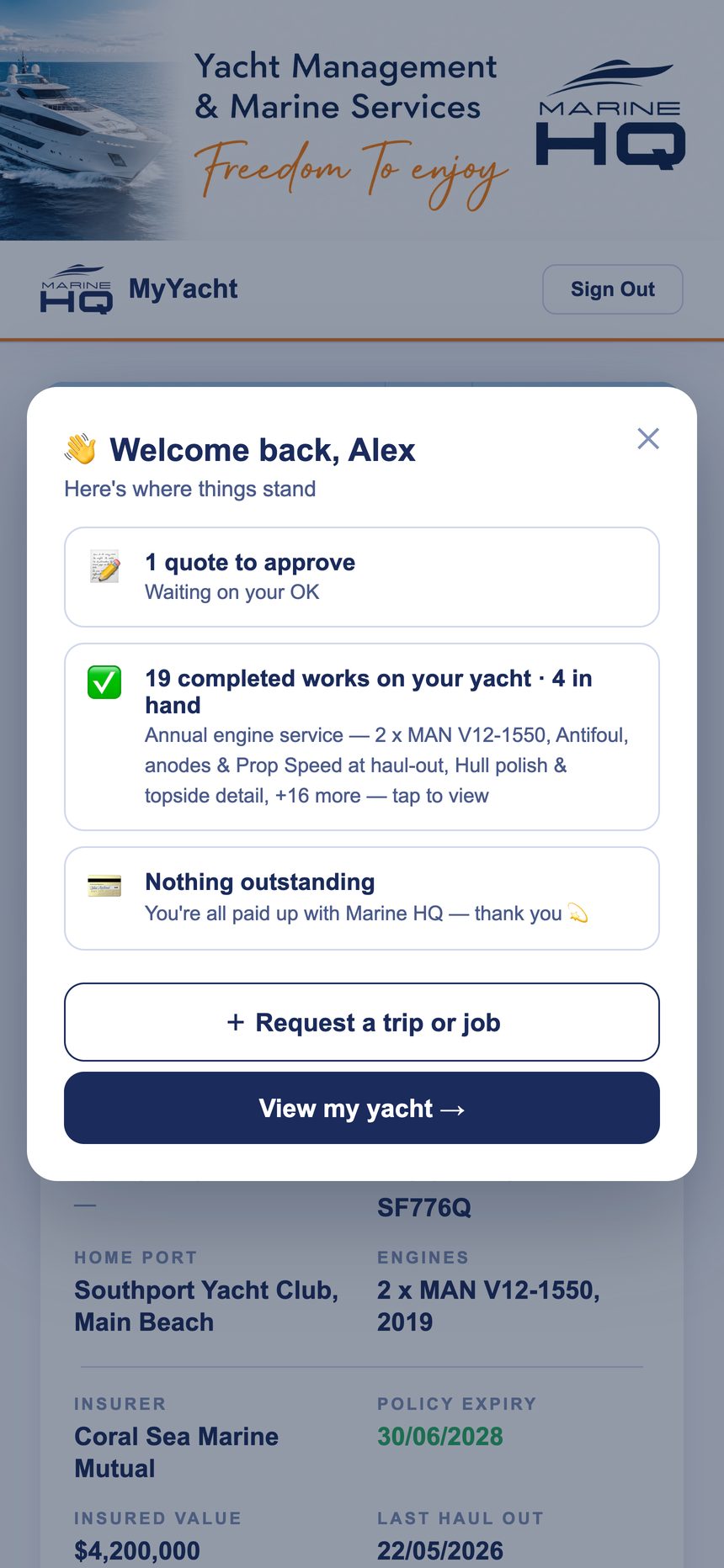 MyYacht welcome screen showing a quote to approve, completed works and account status