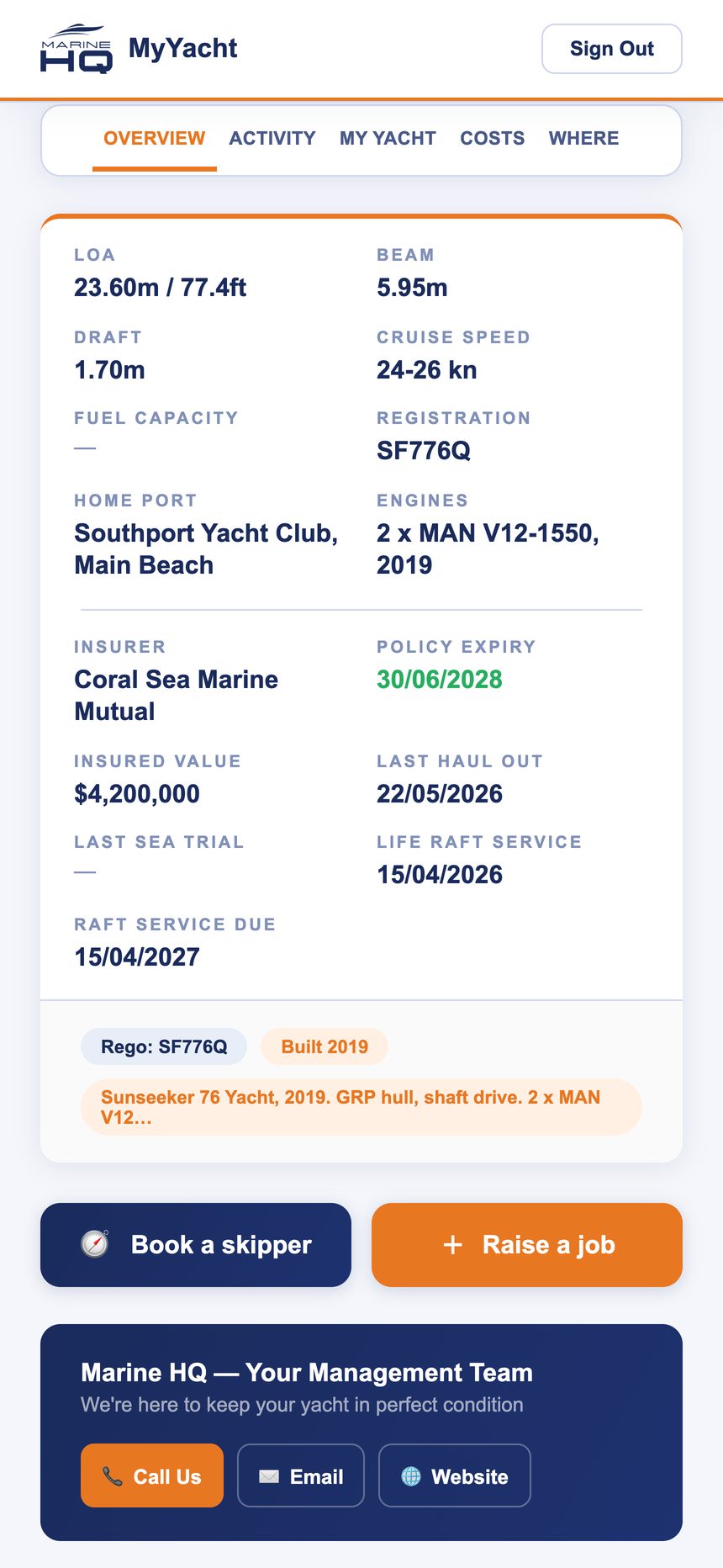 Overview screen with the yacht's particulars, insurance and last haul-out