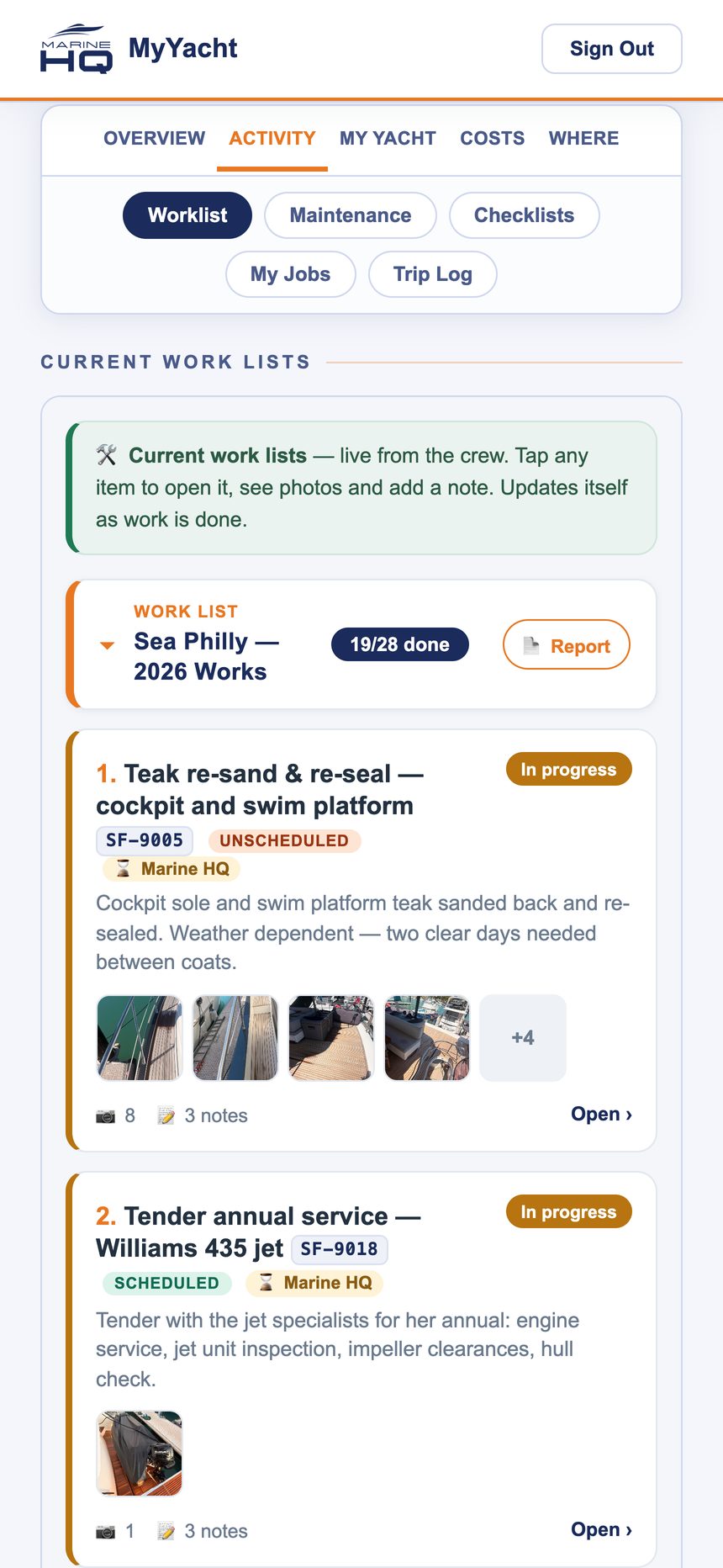 MyYacht work list showing a teak re-sand job with crew photos and notes