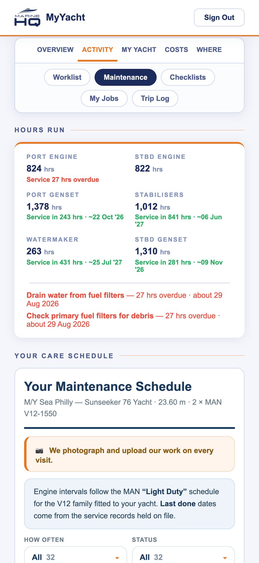 Maintenance screen with hours run per system and the care schedule