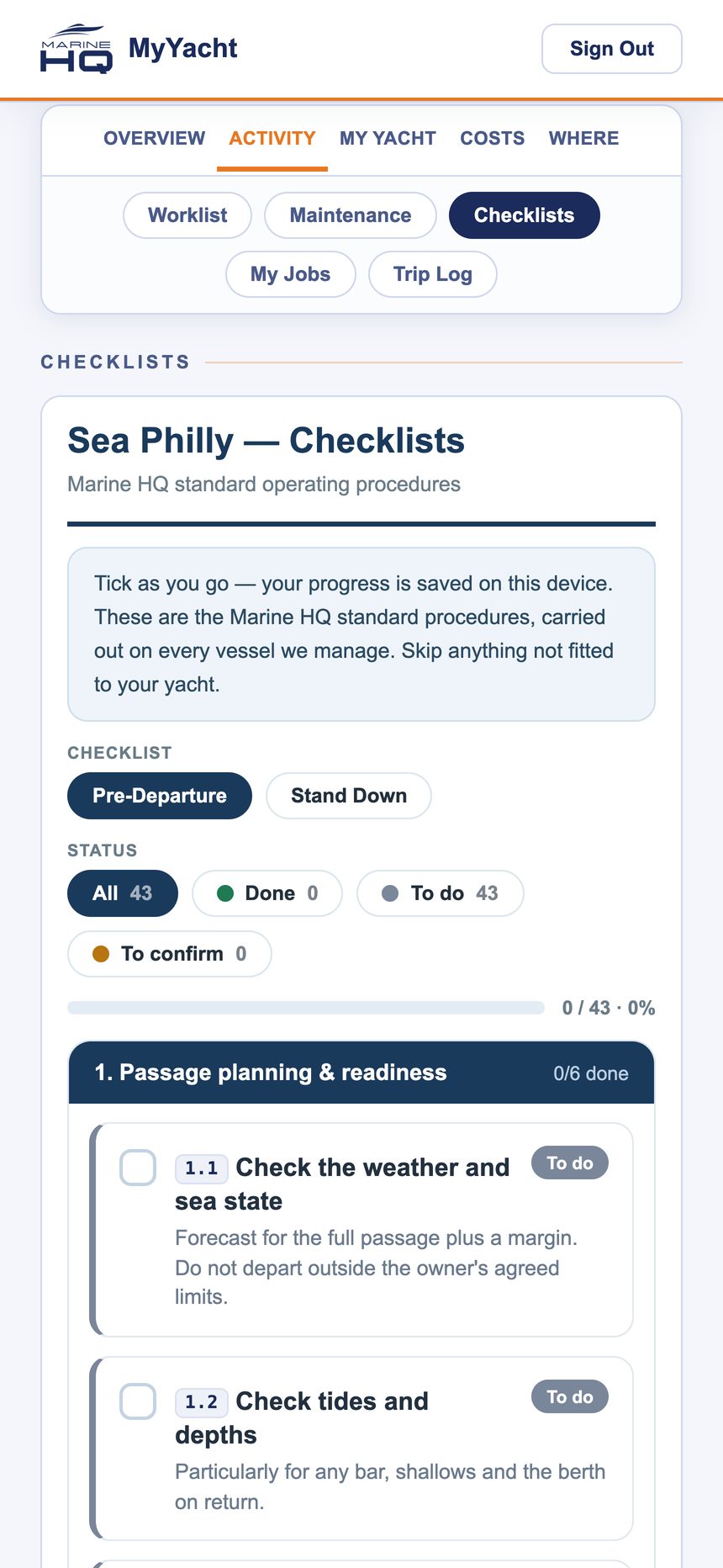 Pre-departure checklist with items to tick