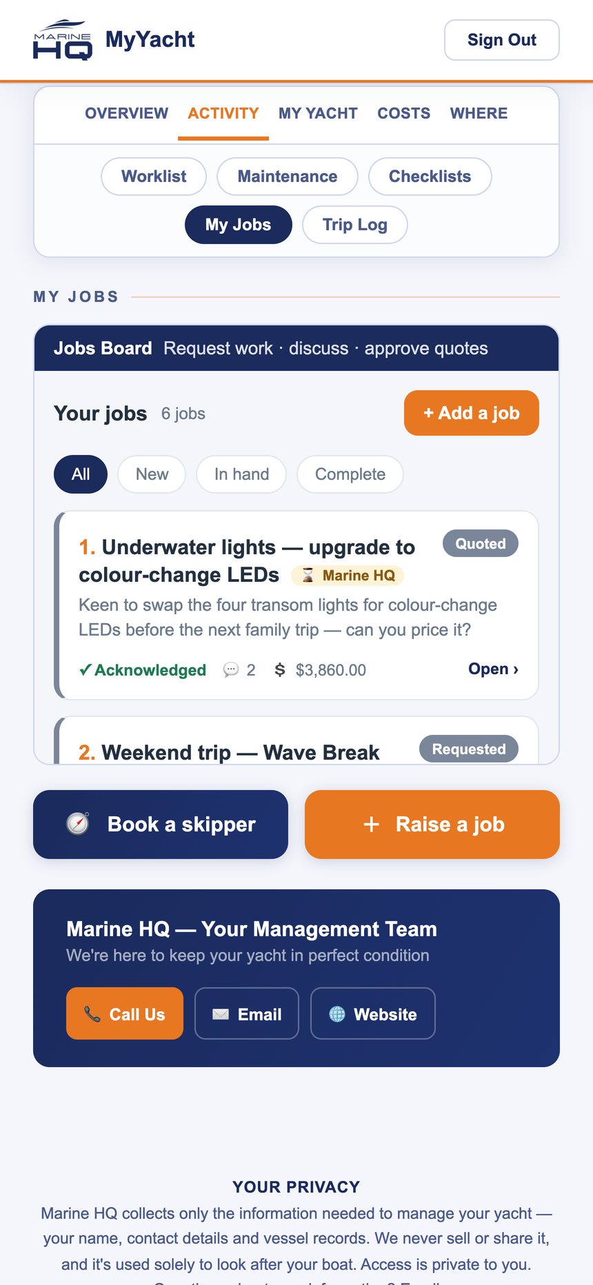 My Jobs board with a quoted underwater lights job and a requested weekend trip