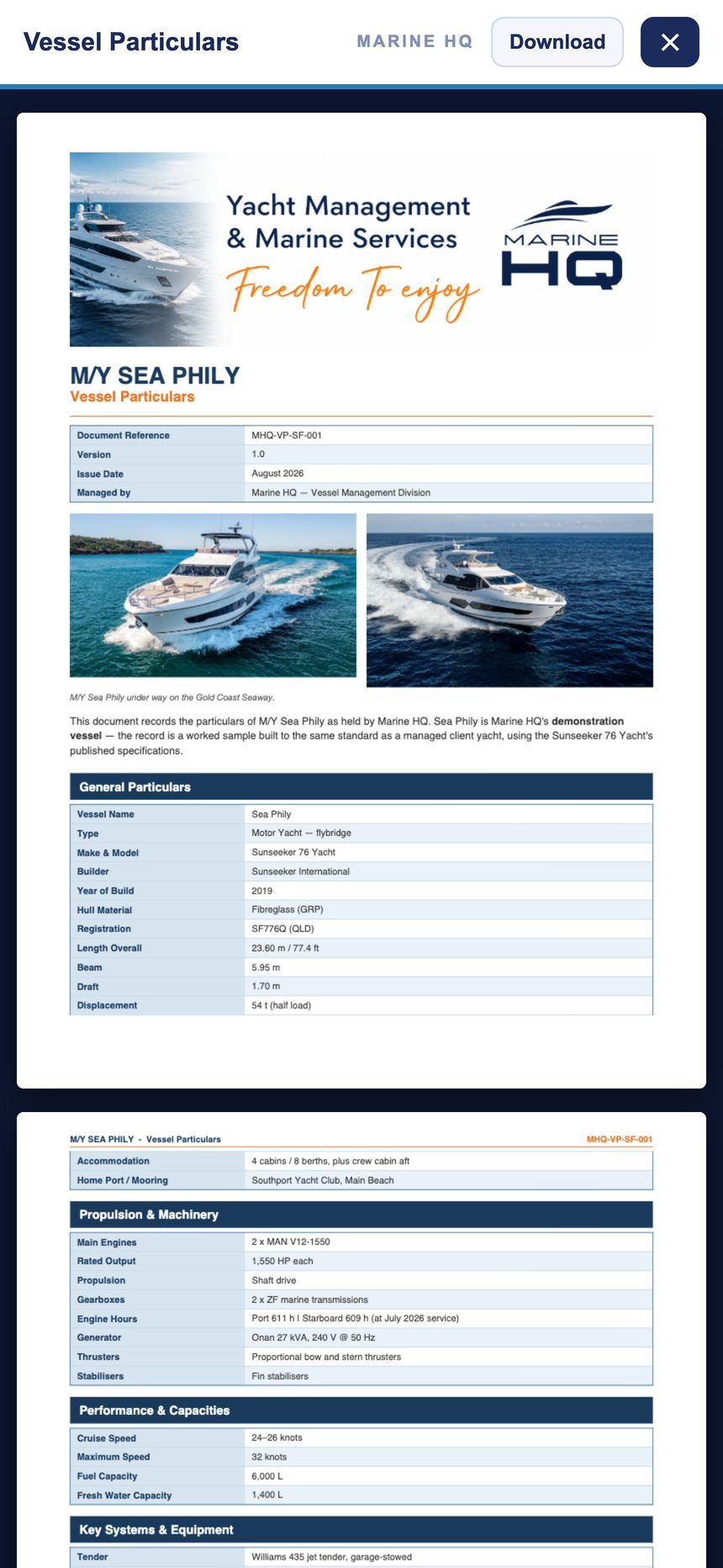 A vessel particulars document open in the app's viewer