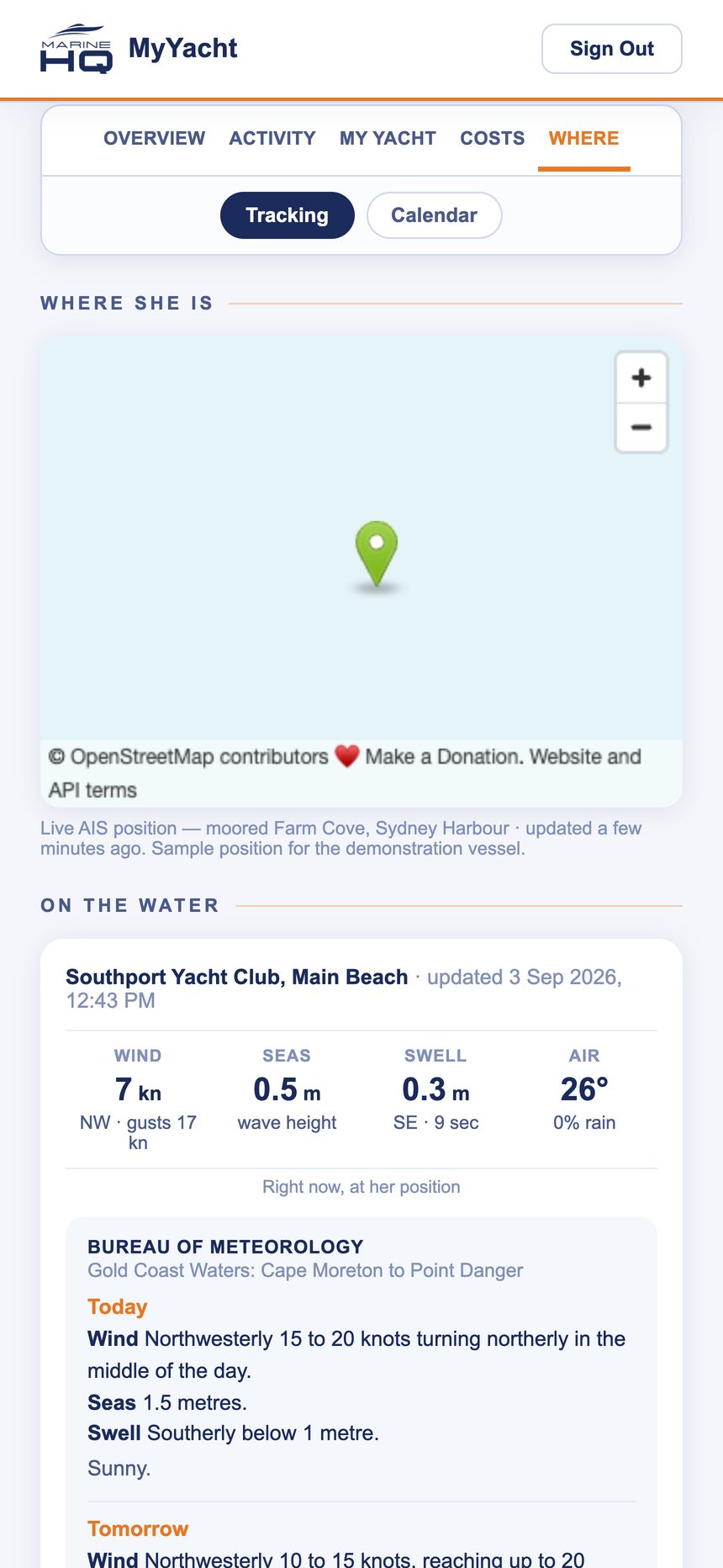 Tracking screen with the demonstration yacht's position on a map