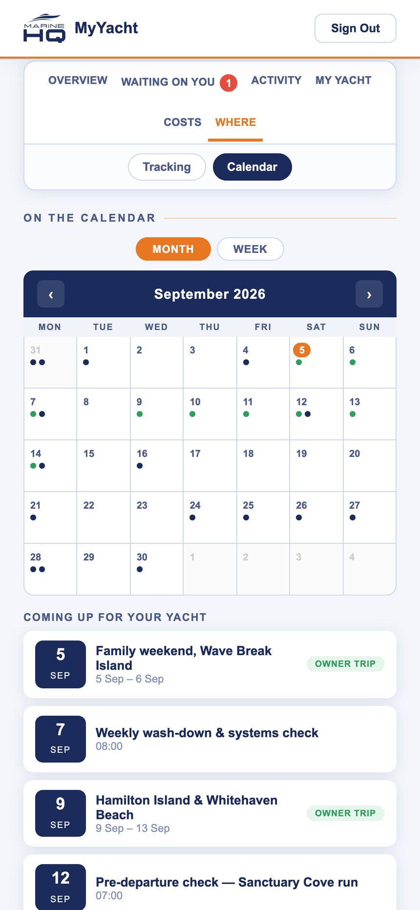 Calendar with owner trips, wash-downs and upcoming events